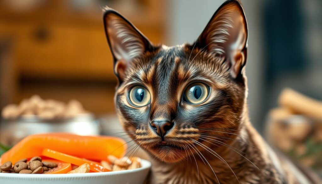 A beautifully lit close-up photograph of a Javanese cat's face, showcasing its distinctive features. The feline's large, expressive eyes gaze intently, its sleek, glossy coat shimmering under soft, diffused lighting. In the background, blurred out, an array of nutritious cat food options such as premium wet and dry kibble, fresh fish, and healthy treats are artfully arranged, conveying the importance of a balanced, species-appropriate diet for this elegant breed. The overall mood is one of calm contemplation, highlighting the importance of providing proper nutrition to support the Javanese cat's well-being and longevity.