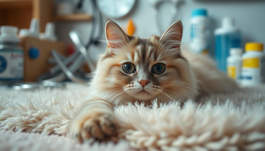 A close-up photograph of a fluffy exotic shorthair cat lying on a soft, plush rug. The cat's face is visible, showcasing its distinct flat features, large round eyes, and short, dense fur. The lighting is soft and diffused, creating a warm, intimate atmosphere. In the background, various veterinary tools and medications are subtly visible, suggesting the focus on the cat's health issues. The composition draws the viewer's attention to the cat's delicate features and the potential medical concerns associated with the breed. A close-up photograph of a fluffy exotic shorthair cat lying on a soft, plush rug. The cat's face is visible, showcasing its distinct flat features, large round eyes, and short, dense fur. The lighting is soft and diffused, creating a warm, intimate atmosphere. In the background, various veterinary tools and medications are subtly visible, suggesting the focus on the cat's health issues. The composition draws the viewer's attention to the cat's delicate features and the potential medical concerns associated with the breed.