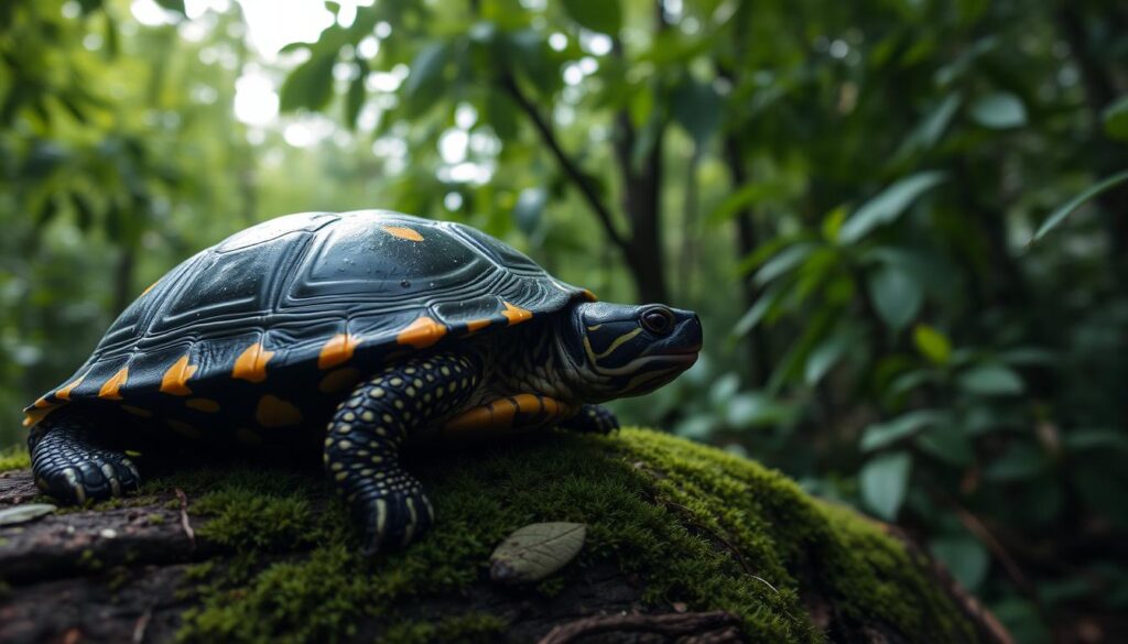 A close-up photograph of a spotted turtle (Clemmys guttata) resting on a mossy log in a lush, verdant forest. The turtle's carapace is dark, with distinct yellow spots and flecks that create a striking pattern. The creature's head and limbs are partially visible, with the details of its scales and features clearly captured. The lighting is soft and diffused, creating a serene, natural atmosphere. The background is filled with a dense, leafy canopy, with hints of sunlight filtering through the foliage. The overall composition emphasizes the turtle's natural habitat and its peaceful coexistence within the tranquil forest setting.