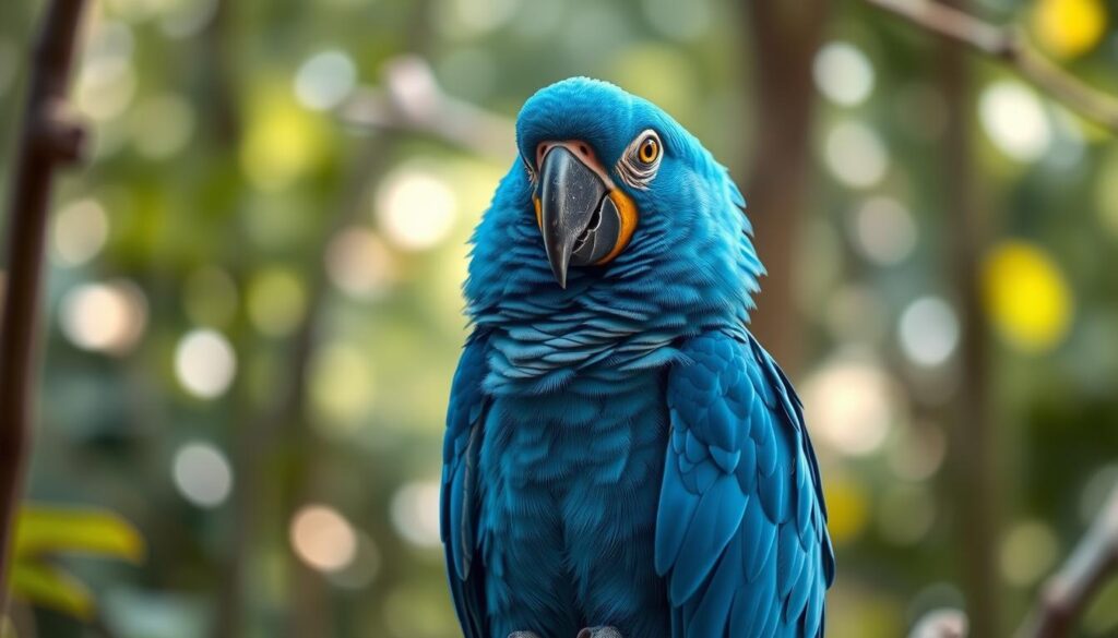 A close-up, photorealistic portrait of a stunning blue Spix's macaw perched on a branch, its vibrant azure feathers shimmering in soft, natural lighting. The bird's head is turned slightly, revealing its intelligent gaze and the intricate textures of its beak and eye. The background is a blurred, out-of-focus forest, creating a sense of depth and emphasizing the macaw as the central subject. The image captures the beauty and grace of this rare and endangered parrot species, showcasing its distinctive physical characteristics in exquisite detail.