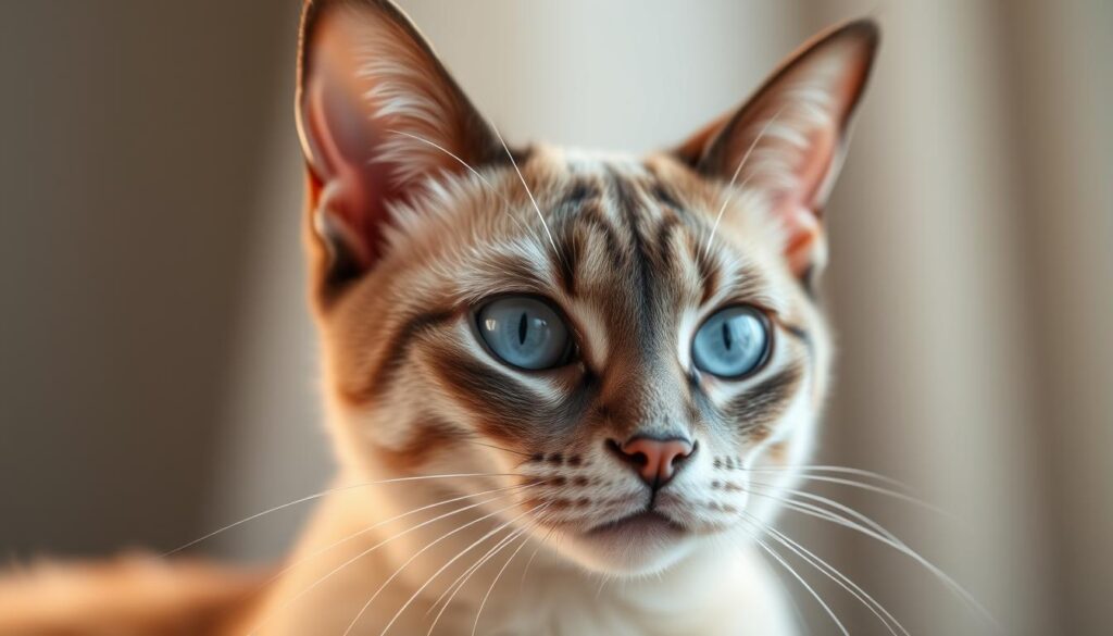 A close-up portrait of a Javanese cat, showcasing its distinct features. The cat's sleek, short fur is groomed to perfection, accentuating its elegant lines and graceful posture. The lighting is soft and diffused, casting gentle shadows that highlight the cat's contours and bring out the depth and richness of its striking blue eyes. The background is subtly blurred, keeping the focus on the captivating feline subject. The overall mood is one of serene contemplation, inviting the viewer to appreciate the Javanese cat's refined beauty and the health considerations that contribute to its well-being.
