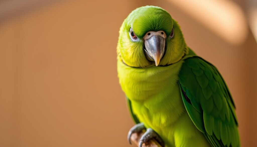 A close-up portrait of a vibrant green monk parakeet perched on a wooden branch, its striking feathers and intelligent gaze revealing the bird's robust health and playful personality. The background is softly blurred, focusing the viewer's attention on the parakeet's features - the curved beak, the distinct mask-like markings around the eyes, and the nimble feet tightly gripping the branch. Natural, warm lighting illuminates the scene, casting gentle shadows that accentuate the parakeet's contours and textures. The image conveys a sense of calm, inviting the viewer to appreciate the beauty and vitality of this remarkable species.