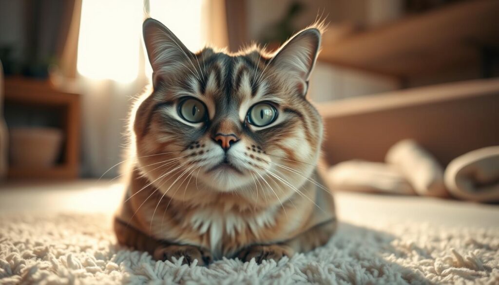 A close-up portrait of an exotic shorthair cat, sitting on a soft, plush rug in a cozy, well-lit room. The cat's round, expressive face is the focal point, captured in striking detail with its large, soulful eyes, flat nose, and fluffy, dense fur. The lighting is warm and diffused, creating a gentle, inviting atmosphere. The background is slightly blurred, but hints at a comfortable, domestic setting, with subtle textures and muted colors that complement the cat's features. The pose is natural and relaxed, conveying a sense of contentment and well-being, reflecting the care and attention the cat receives. A close-up portrait of an exotic shorthair cat, sitting on a soft, plush rug in a cozy, well-lit room. The cat's round, expressive face is the focal point, captured in striking detail with its large, soulful eyes, flat nose, and fluffy, dense fur. The lighting is warm and diffused, creating a gentle, inviting atmosphere. The background is slightly blurred, but hints at a comfortable, domestic setting, with subtle textures and muted colors that complement the cat's features. The pose is natural and relaxed, conveying a sense of contentment and well-being, reflecting the care and attention the cat receives.