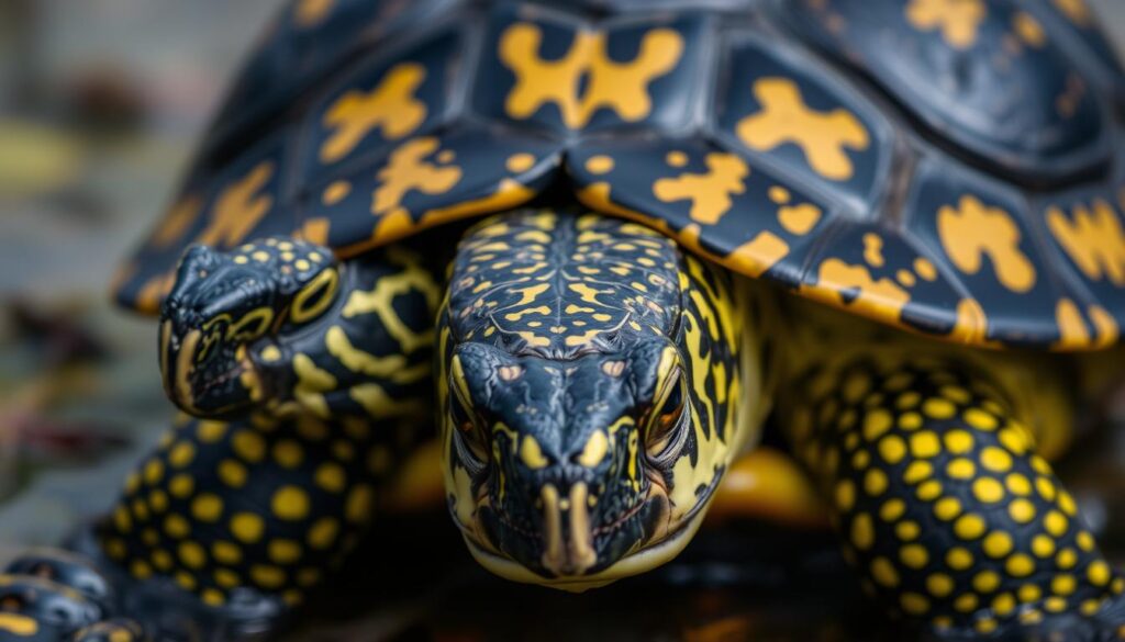 A closeup view of a spotted turtle's carapace, with its intricate pattern of yellow and black markings. The shell appears slightly domed, with a rough, scaly texture. The turtle's head is partially visible, with its distinctive yellow-spotted skin and beady eyes peering out. In the middle ground, the turtle's legs and claws are shown, showcasing its adaptation for swimming and walking. The background is blurred, but suggests a natural wetland environment, with hints of aquatic vegetation. The lighting is soft and diffused, creating a naturalistic and detailed depiction of the spotted turtle's biology.