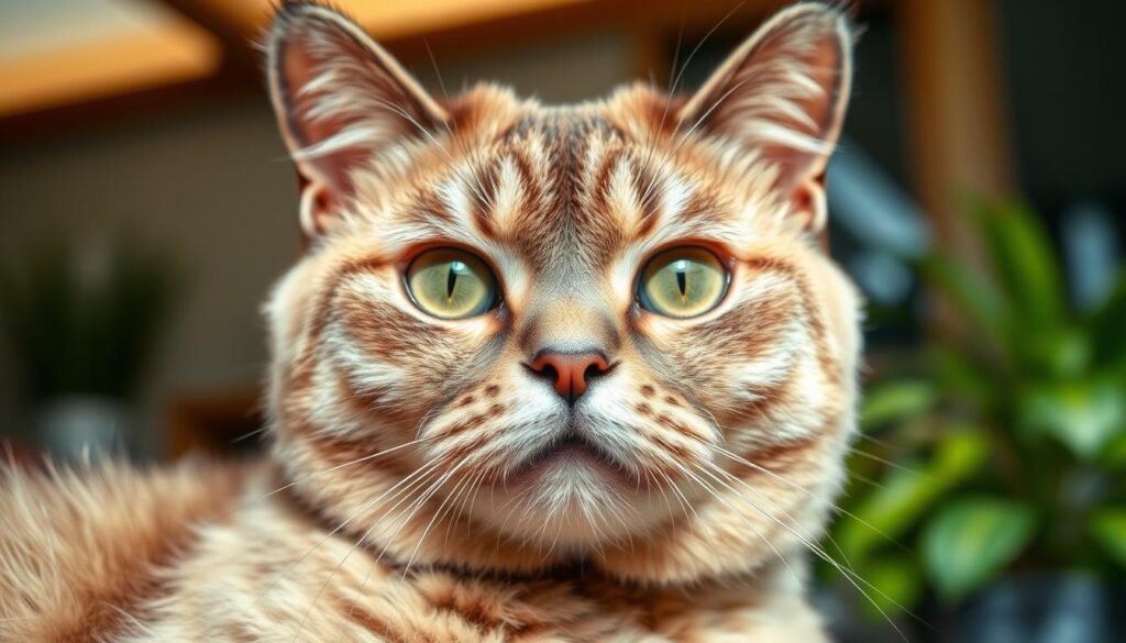 A detailed close-up portrait of an exotic shorthair cat, shot with a high-resolution camera in natural lighting. The cat's face fills the frame, showcasing its distinctive features - the broad, flattened skull, large expressive eyes, and adorable flat nose. The fur is plush and dense, with a soft, downy texture that gently frames the cat's face. In the background, a subtly blurred natural setting, perhaps a cozy living room or a sun-dappled garden, creates a warm, comfortable atmosphere. The image captures the breed's endearing expression and the tactile appeal of its unique physical characteristics. A detailed close-up portrait of an exotic shorthair cat, shot with a high-resolution camera in natural lighting. The cat's face fills the frame, showcasing its distinctive features - the broad, flattened skull, large expressive eyes, and adorable flat nose. The fur is plush and dense, with a soft, downy texture that gently frames the cat's face. In the background, a subtly blurred natural setting, perhaps a cozy living room or a sun-dappled garden, creates a warm, comfortable atmosphere. The image captures the breed's endearing expression and the tactile appeal of its unique physical characteristics.
