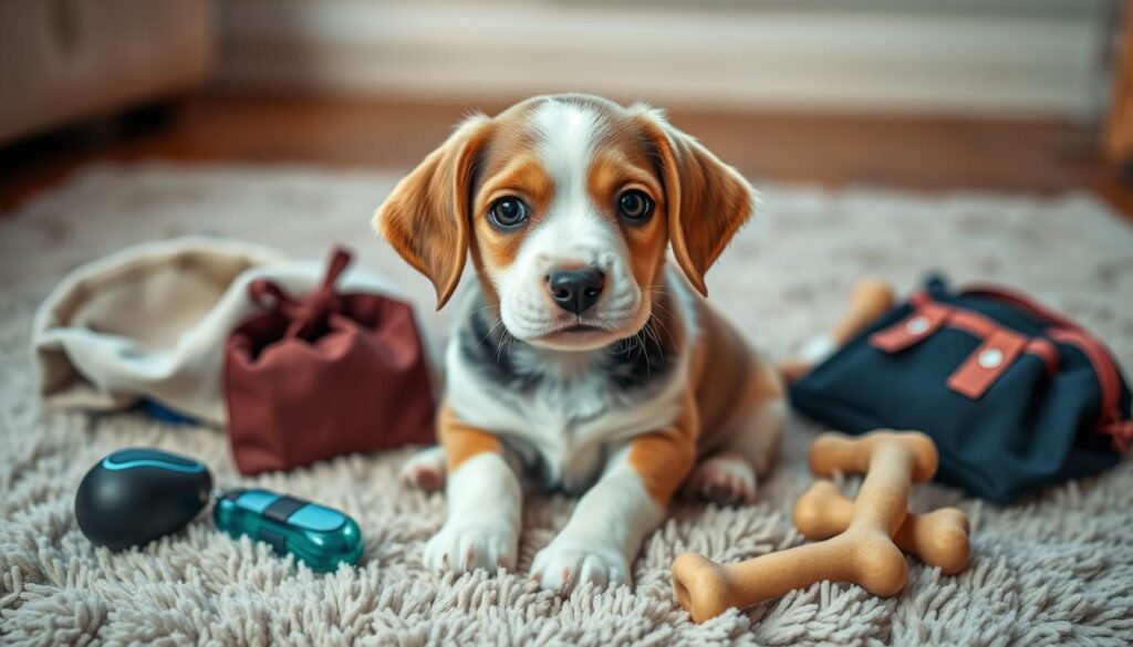 A fluffy beagle puppy sitting on a soft, plush rug, its big expressive eyes and floppy ears capturing the viewer's attention. The puppy is surrounded by various training toys and accessories, such as a clicker, treat bag, and a chew toy, suggesting an educational or instructional setting. The lighting is warm and gentle, creating a cozy, inviting atmosphere. The composition is balanced, with the puppy as the clear focal point, and the background elements providing context without distracting from the main subject. The overall mood is one of endearment, playfulness, and the excitement of a new puppy owner embarking on the rewarding journey of training.