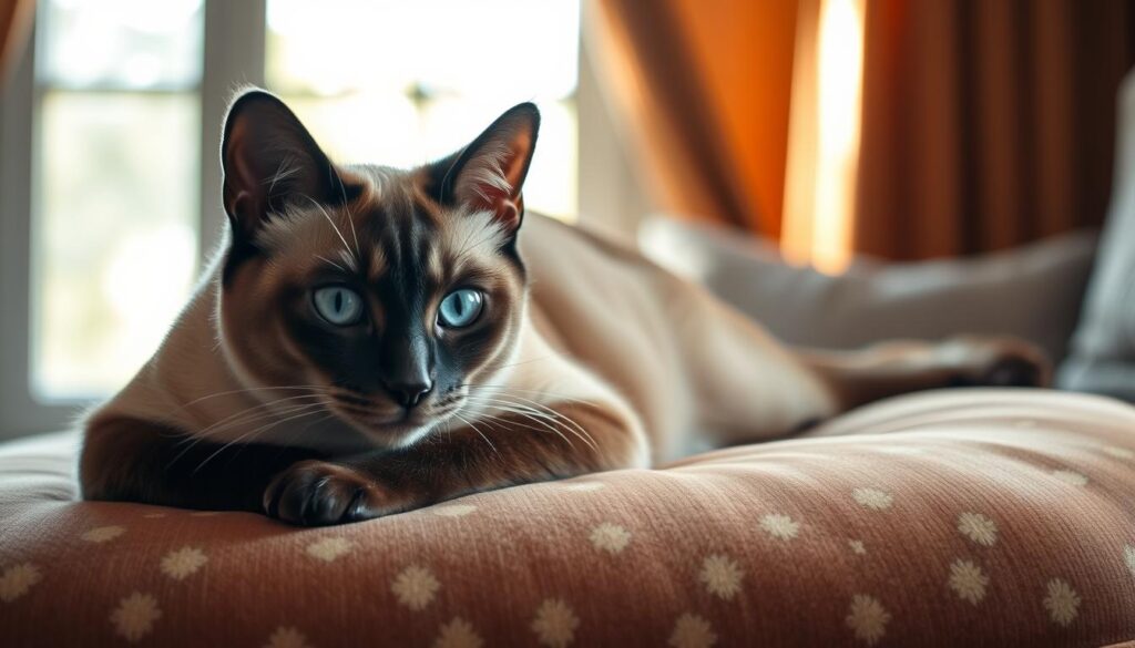 A graceful Javanese cat lounging on a plush, velvet cushion, its piercing blue eyes gazing intently. The feline's lithe, muscular frame is accentuated by the soft, silky fur that gleams in the warm, ambient lighting. In the background, a cozy, sunlit window frames the scene, hinting at the cat's inquisitive and affectionate nature. The overall composition exudes a sense of tranquility and regal elegance, capturing the essence of the Javanese cat's captivating personality.