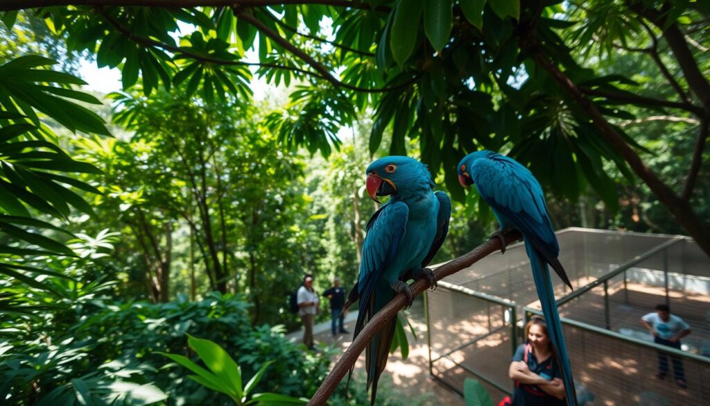 A lush tropical forest canopy, sunlight filtering through the verdant leaves, casting dappled shadows on the ground below. In the foreground, a pair of Spix's macaws, their brilliant azure plumage gleaming, perched atop a branch. In the middle ground, a team of conservationists carefully monitoring the birds, taking notes and tending to their nests. In the distance, a large aviary enclosure, where other macaws are housed as part of a breeding program, their safety and wellbeing the focus of diligent caretakers. The scene exudes a sense of hope and dedication, as the urgent efforts to save this rare and endangered species are portrayed in vivid detail.