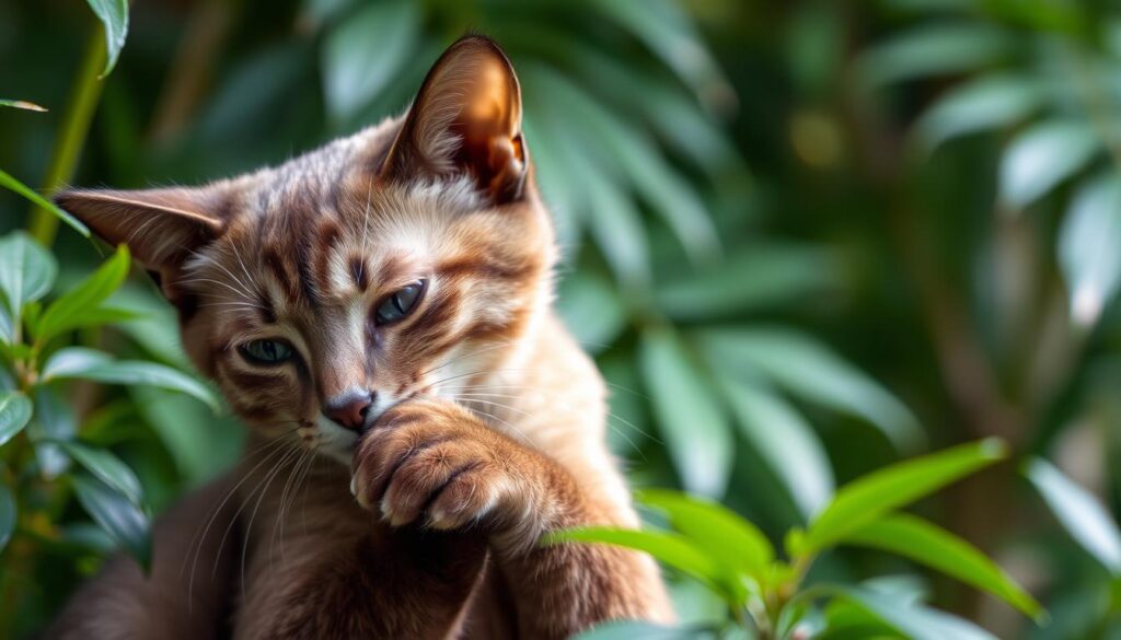 A serene Javanese cat gracefully grooming itself amidst a lush, verdant backdrop. Soft, diffused natural lighting gently illuminates the feline's sleek, silky fur as it tenderly licks its paws and face, its concentrated expression and purposeful movements capturing the meticulous attention to detail inherent in its grooming rituals. The cat's compact, muscular frame and distinctive facial features, including its large, expressive eyes and triangular ears, are rendered in vivid detail, conveying the breed's unique charm and elegance. The tranquil, harmonious scene evokes a sense of calm and intimacy, inviting the viewer to appreciate the captivating beauty and refined grooming habits of this captivating Javanese cat.