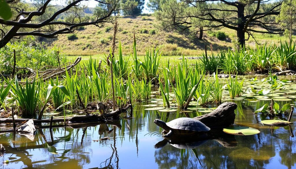 A serene wetland habitat, with a shallow pond surrounded by lush vegetation. In the foreground, a spotted turtle rests on a submerged log, its intricate shell pattern reflecting the dappled sunlight that filters through the overhanging trees. The middle ground features a mix of tall grasses, cattails, and water lilies, creating a dense, verdant landscape. In the background, a gentle slope rises, covered in a mix of deciduous and evergreen trees, their branches casting soft shadows across the scene. The overall mood is one of tranquility and natural harmony, highlighting the peaceful coexistence of the spotted turtle within its delicate, protected environment.