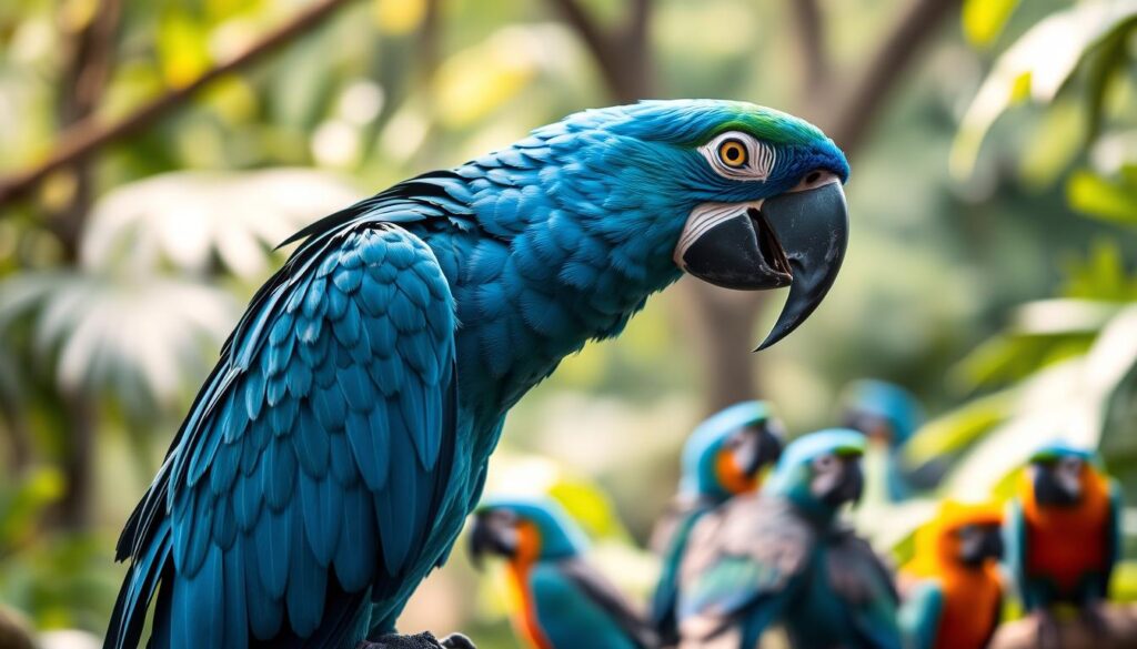 A stunning close-up view of a Spix's macaw perched on a branch, its vibrant blue plumage glistening in the soft, natural lighting. The bird's striking head is turned slightly, revealing its sharp beak and attentive, intelligent gaze. In the middle ground, a group of macaws engage in lively social interactions, preening, vocalizing, and displaying their graceful movements. The background softly fades into a blurred, verdant rainforest setting, hinting at the bird's natural habitat. Capture the essence of the Spix's macaw's captivating behavior and social dynamics through this evocative, visually compelling image.