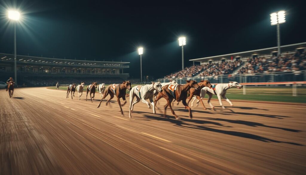 A thrilling greyhound race unfolds on a floodlit track, the sleek hounds sprinting swiftly, chasing a lure as spectators cheer from the grandstands. The scene is captured with a high-speed camera, freezing the intense motion in sharp detail. Dramatic lighting casts long shadows, evoking the tension and excitement of this historic sport. The image conveys the primal energy and grace of these magnificent canine athletes as they push the boundaries of their speed and endurance, a testament to the captivating world of greyhound racing.