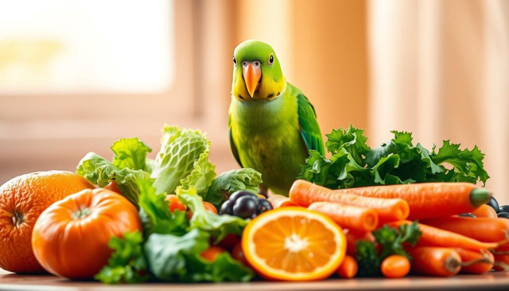 A vibrant still life capturing the dietary needs of the playful Monk Parakeet. In the foreground, a diverse spread of fresh fruits and vegetables - juicy oranges, crisp lettuce leaves, and crunchy carrots. The middle ground features a perched Monk Parakeet, its vivid green feathers and curious expression conveying the bird's eager anticipation. The background is softly blurred, focusing the viewer's attention on the nutritious meal. Warm, natural light from a nearby window casts a gentle glow, highlighting the colors and textures. The overall scene exudes a sense of health, vitality, and the Monk Parakeet's lively temperament.