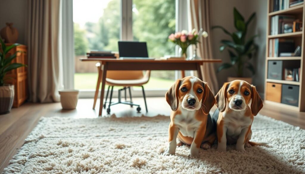 A warm, well-lit indoor scene of a small, cozy home office. In the foreground, a pair of adorable beagle puppies sit on a plush, cream-colored rug, their big eyes and floppy ears drawing the viewer's attention. In the middle ground, a wooden desk holds a laptop, some books, and a vase of fresh flowers, conveying a sense of professional yet welcoming atmosphere. The background features a large window overlooking a lush, green backyard, with soft natural light filtering in and creating a serene, inviting ambiance. The overall mood is one of comfort, authenticity, and the joy of responsible pet ownership.