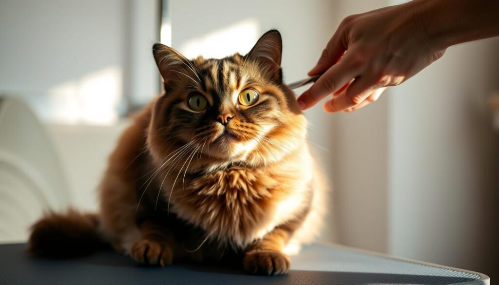 An exotic shorthair cat sitting on a grooming table, being gently brushed by a skilled human hand. The cat's plush, round face and large eyes are the focal point, surrounded by its dense, soft fur that shimmers under warm, natural lighting. The background is a clean, minimal space, allowing the grooming process to be the sole focus. The cat's expression is relaxed and content, conveying the care and attention it receives during this essential grooming routine. Lens: 50mm, f/4.0, 1/125s. An exotic shorthair cat sitting on a grooming table, being gently brushed by a skilled human hand. The cat's plush, round face and large eyes are the focal point, surrounded by its dense, soft fur that shimmers under warm, natural lighting. The background is a clean, minimal space, allowing the grooming process to be the sole focus. The cat's expression is relaxed and content, conveying the care and attention it receives during this essential grooming routine. Lens: 50mm, f/4.0, 1/125s.